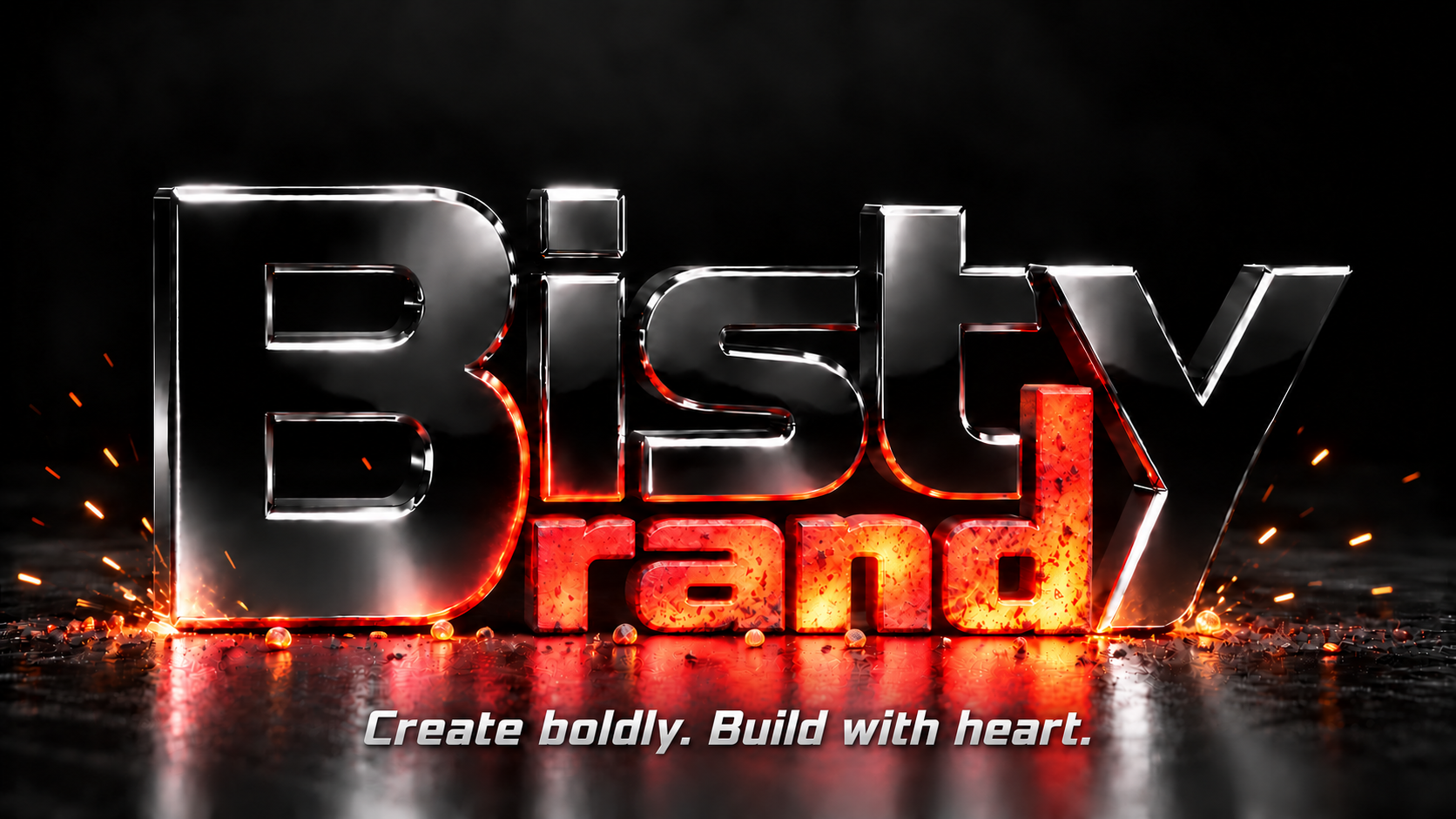 Bisty Brand in black chrome and glowing red metal. Create boldly. Build with heart.